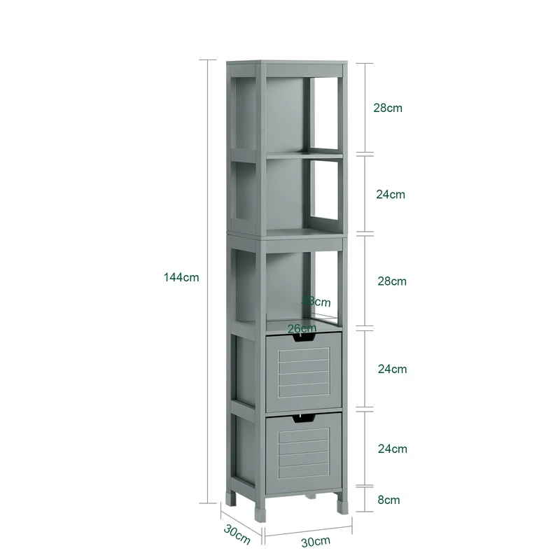 sobuyes.shopG126-SG Colonne Salle de Bain avec 4 Étagères et 2 Tiroirs, Gain de Place, pour Salle de Bain et WC, Usage Quotidien – L30×P30×H140 cm, Bois, Gris Clair