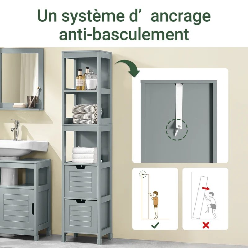sobuyes.shopG126-SG Colonne Salle de Bain avec 4 Étagères et 2 Tiroirs, Gain de Place, pour Salle de Bain et WC, Usage Quotidien – L30×P30×H140 cm, Bois, Gris Clair