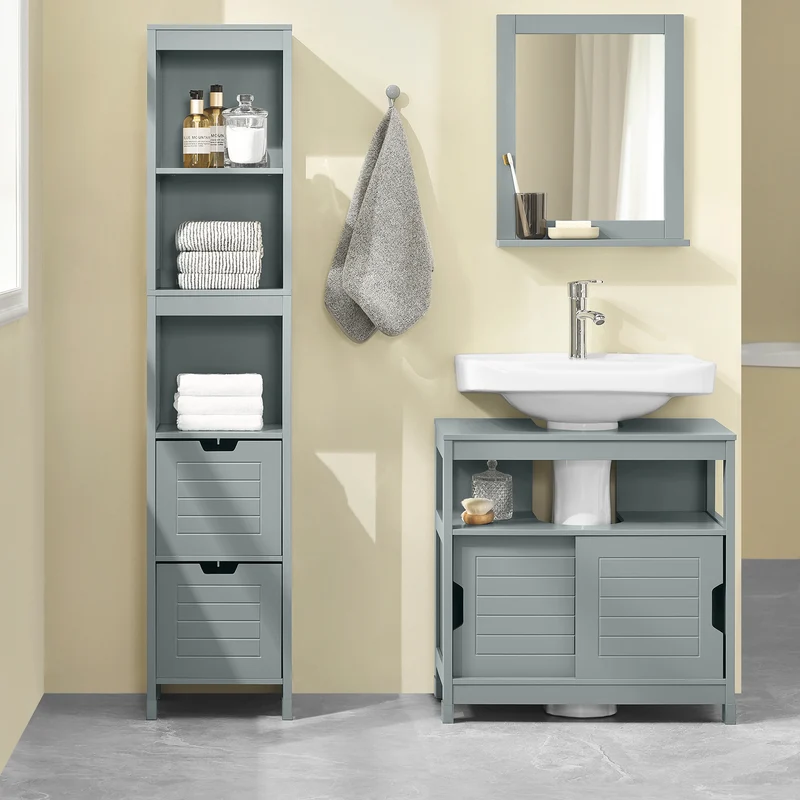 sobuyes.shopG126-SG Colonne Salle de Bain avec 4 Étagères et 2 Tiroirs, Gain de Place, pour Salle de Bain et WC, Usage Quotidien – L30×P30×H140 cm, Bois, Gris Clair