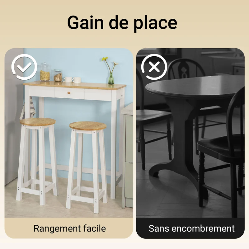 SoBuy FWT50-WN Set de 1 Table + 2 Tabourets Ensemble Table de Bar bistrot + 2 tabourets avec Repose-Pieds Table Mange-Debout Table Haute Cuisine – Blanc Naturel