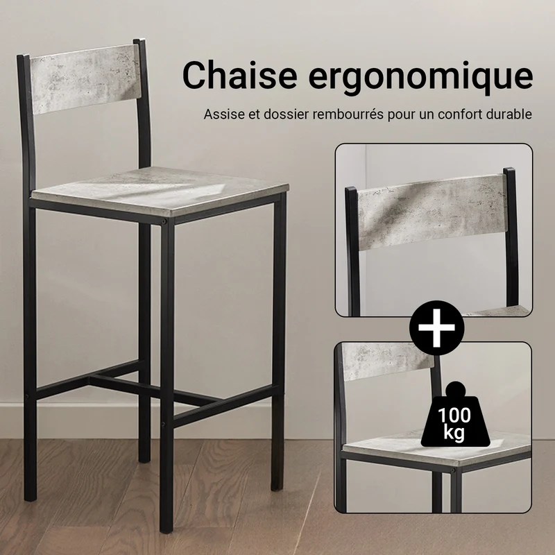SoBuy OGT03-HG Ensemble Table Haute + 2 Tabourets – Table 87 cm, Tabourets Rangeables, Style Industriel Bois et Métal Noir