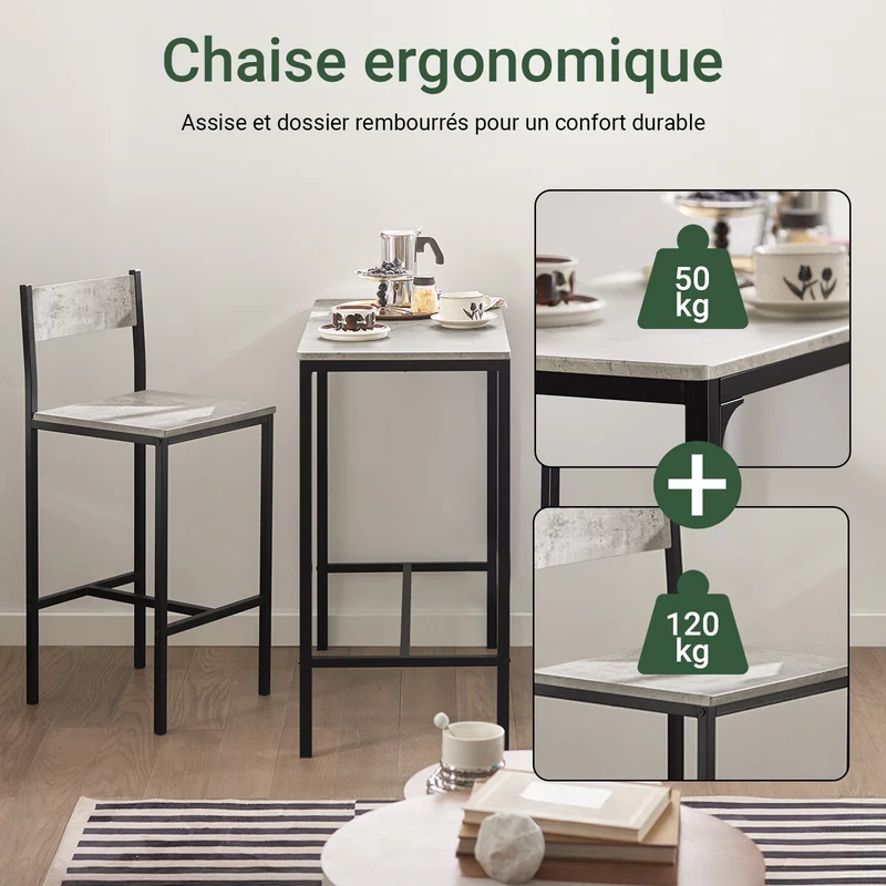 SoBuy OGT03-HG Ensemble Table Haute + 2 Tabourets – Table 87 cm, Tabourets Rangeables, Style Industriel Bois et Métal Noir