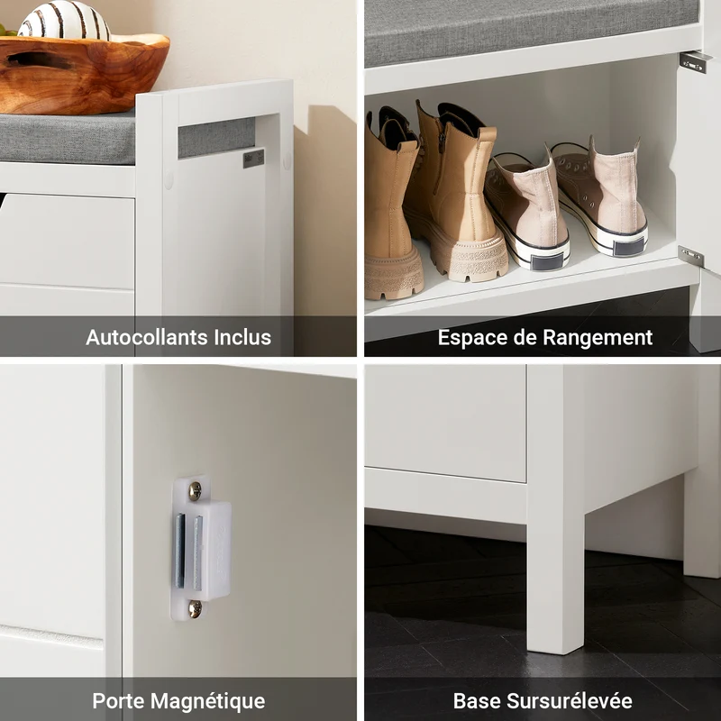SoBuy FSR63-II-W Banc à Chaussures avec Coussin Rembourré et 2 Portes, Meuble d'Entrée – 91x30x50 cm, Blanc