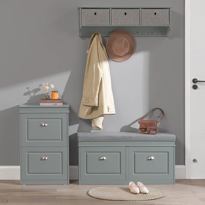 SoBuy FSR64-HG Banc à Chaussures 104 cm avec Coussin Déhoussable et 2 Abattants – Charge 150 kg – Bois FSC – Gris
