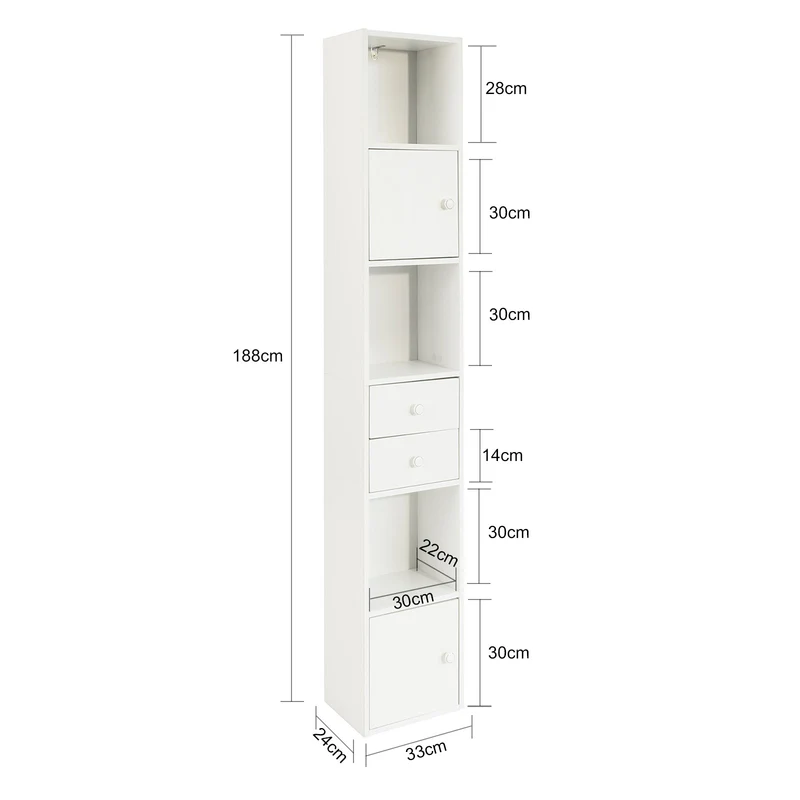 SoBuy STR10-W Meuble Colonne de Salle de Bain Armoire de Rangement Placard de Rangement Armoire sur Pied avec 2 Portes et 2 Tiroirs Blanc 33x24x188cm