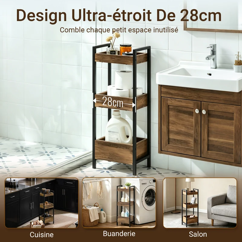 sebuyfr.comG226-F Meuble Salle de Bain Rangement avec 3 paniers - Rangement Serviteur de Douche Étagère de Stockage Salle de Bain Petit Meuble WC Rangement 28x20x74 cm