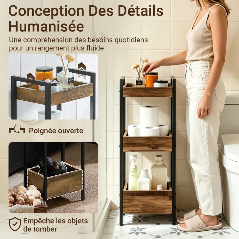 sebuyfr.comG226-F Meuble Salle de Bain Rangement avec 3 paniers - Rangement Serviteur de Douche Étagère de Stockage Salle de Bain Petit Meuble WC Rangement 28x20x74 cm