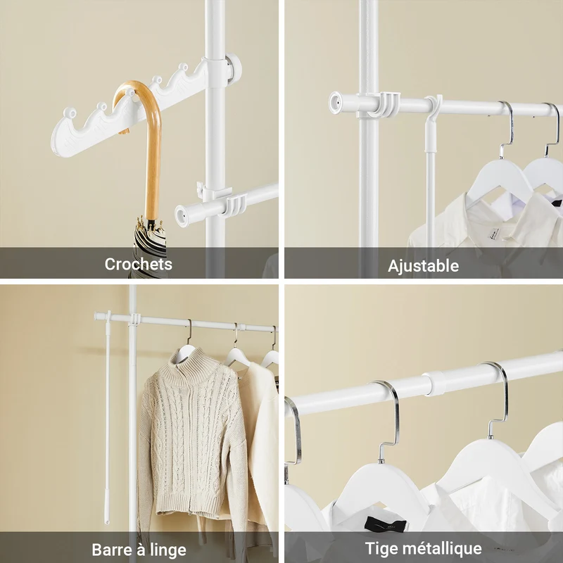 SoBuy FRG109-II-W Tringle à Vêtements Télescopique, Portant à Vêtements Robuste, Penderie Ouverte Réglable avec Barres de Suspension pour Chambre, Dressing, Blanc