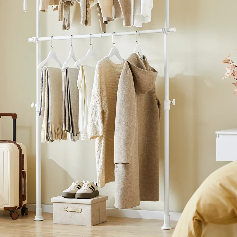 SoBuy FRG109-II-W Tringle à Vêtements Télescopique, Portant à Vêtements Robuste, Penderie Ouverte Réglable avec Barres de Suspension pour Chambre, Dressing, Blanc