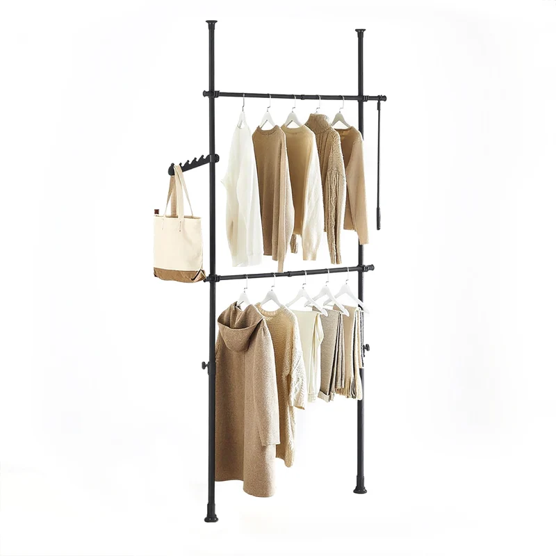 SoBuy FRG109-II-SCH Tringle à Vêtements Télescopique, Portant à Vêtements Robuste, Penderie Ouverte Réglable avec Barres de Suspension pour Chambre, Dressing, Noir