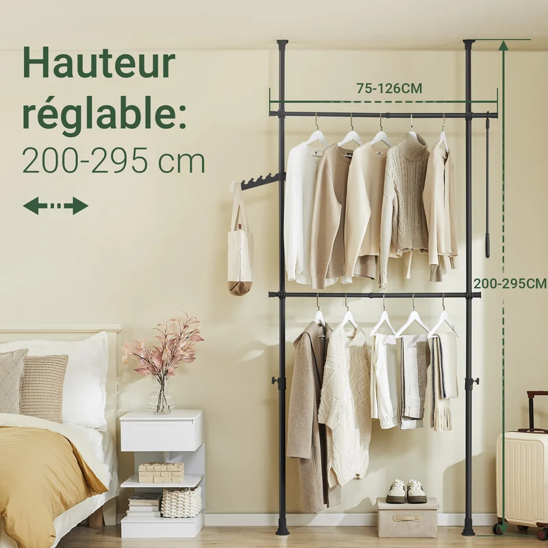 SoBuy FRG109-II-SCH Tringle à Vêtements Télescopique, Portant à Vêtements Robuste, Penderie Ouverte Réglable avec Barres de Suspension pour Chambre, Dressing, Noir