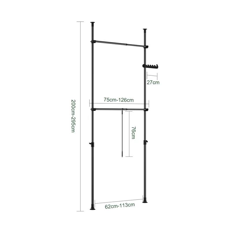 SoBuy FRG109-II-SCH Tringle à Vêtements Télescopique, Portant à Vêtements Robuste, Penderie Ouverte Réglable avec Barres de Suspension pour Chambre, Dressing, Noir