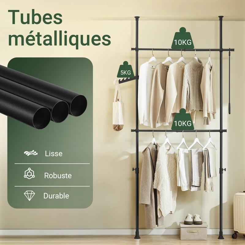SoBuy FRG109-II-SCH Tringle à Vêtements Télescopique, Portant à Vêtements Robuste, Penderie Ouverte Réglable avec Barres de Suspension pour Chambre, Dressing, Noir