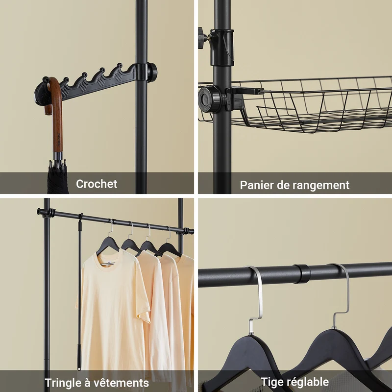SoBuy KLS04-II-SCH Portant à vêtements télescopique solide - Penderie ouverte réglable avec tringles et étagères, Porte manteau pour chambre/dressing, Noir