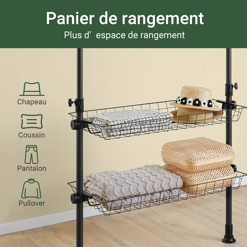 SoBuy KLS04-II-SCH Portant à vêtements télescopique solide - Penderie ouverte réglable avec tringles et étagères, Porte manteau pour chambre/dressing, Noir
