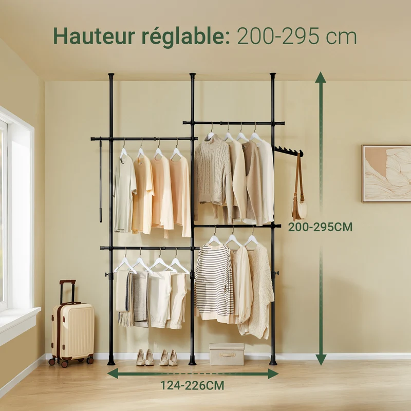 SoBuy KLS03-II-SCH Portant à vêtements télescopique robuste – Penderie ouverte réglable avec tringles pour chambre/dressing, Noir