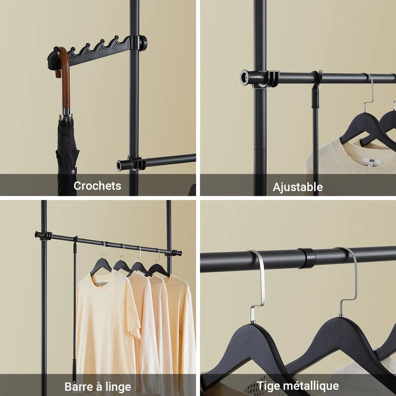 SoBuy KLS03-II-SCH Portant à vêtements télescopique robuste – Penderie ouverte réglable avec tringles pour chambre/dressing, Noir