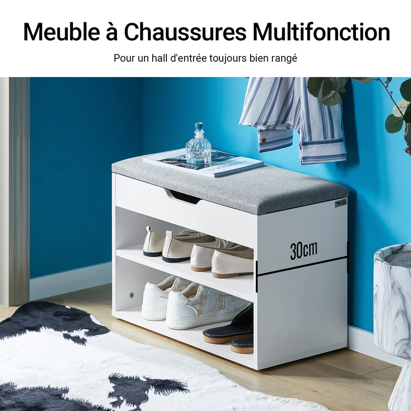 SoBuy FSR25-HG Banc à Chaussures 2 Étages avec Coussin Gris Rembourré pour Entrée Couloir – 60x30x44 cm, Blanc