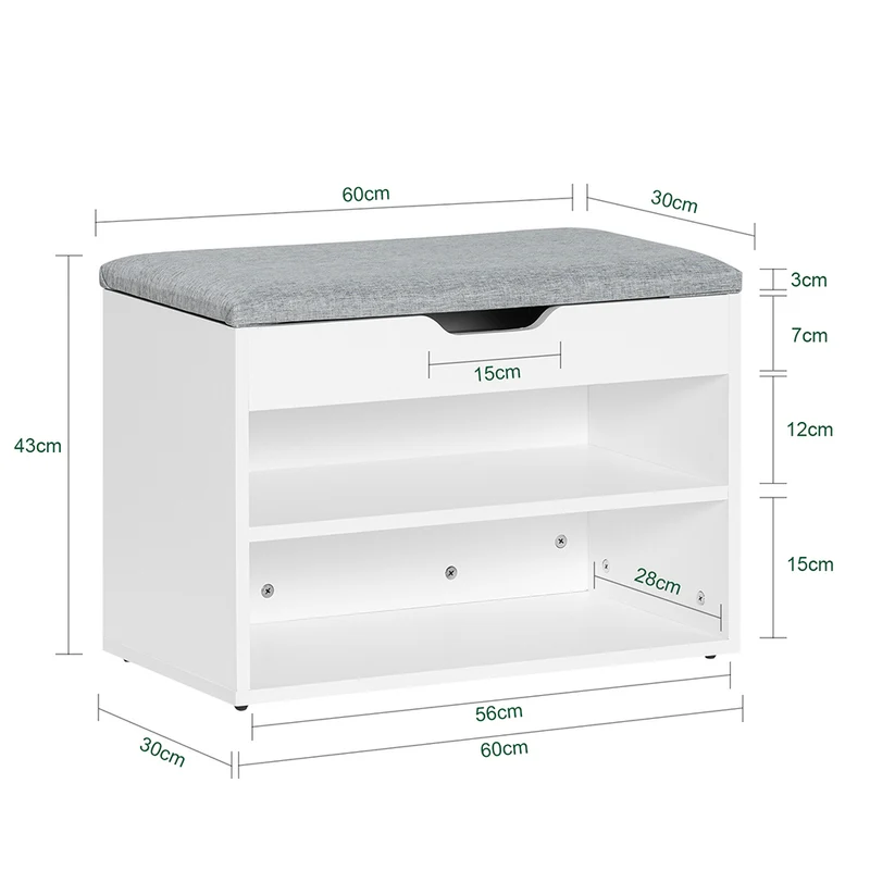 SoBuy FSR25-HG Banc à Chaussures 2 Étages avec Coussin Gris Rembourré pour Entrée Couloir – 60x30x44 cm, Blanc