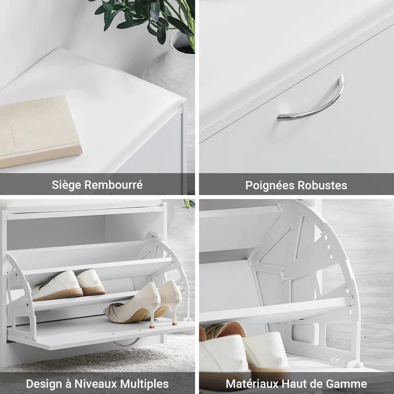 SoBuy FSR16-W Banc à Chaussures avec 1 Abattant et Coussin Rembourré, Coffre de Rangement pour Entrée – 60x30x48 cm, Blanc