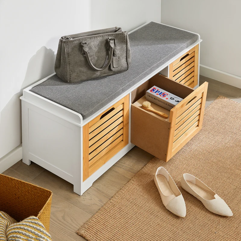 SoBuy FSR23-WN Banc à Chaussures avec Coussin Rembourré et 3 Cubes de Rangement pour Entrée – 105x35x43 cm, Blanc et Naturel