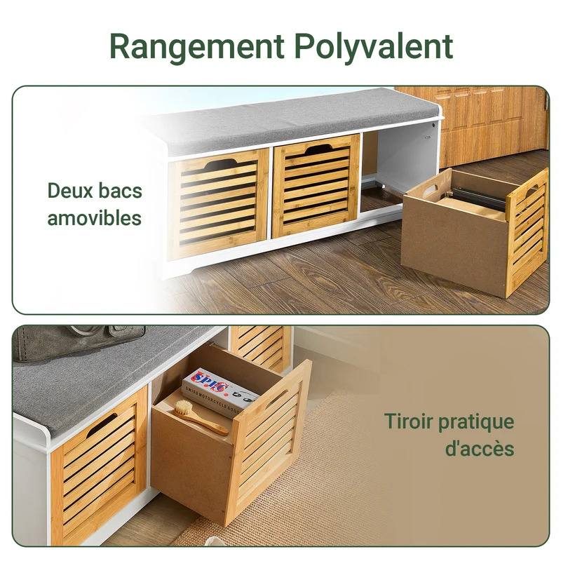 SoBuy FSR23-WN Banc à Chaussures avec Coussin Rembourré et 3 Cubes de Rangement pour Entrée – 105x35x43 cm, Blanc et Naturel