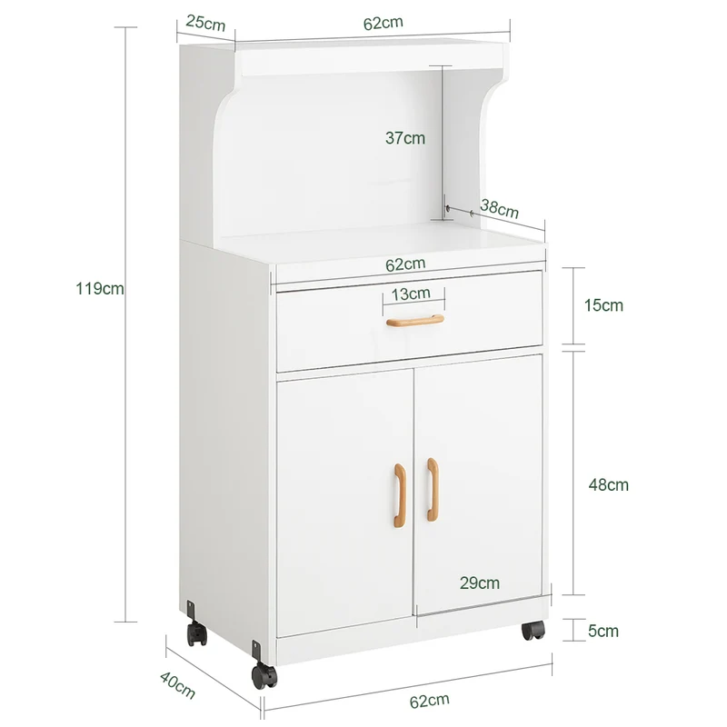 SoBuy FSB12-W Desserte Cuisine à Roulettes avec Micro-Ondes – Tiroir, 2 Portes, Poignées Bois, Blanc