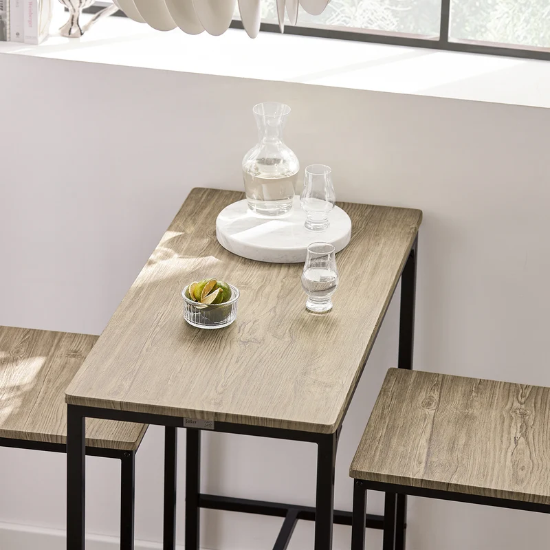 SoBuy OGT03-N Ensemble Table Haute avec 1 Table et 2 Tabourets, Format Gain de Place, Format Compact, Style Industriel, Usage Quotidien – Bois + Métal, Naturel