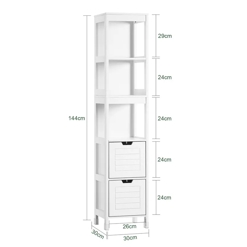 SoBuy FRG126-W Colonne de Salle de Bain – 4 Étagères, 2 Tiroirs, Anti-Basculement, 30×30×144 cm, Blanc