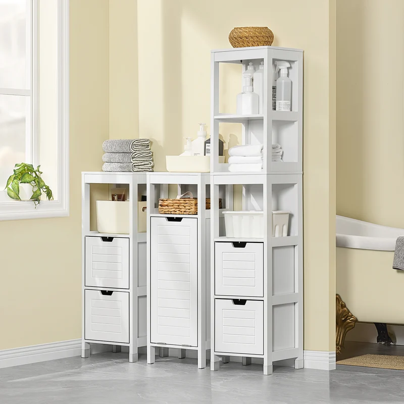 SoBuy FRG126-W Colonne de Salle de Bain – 4 Étagères, 2 Tiroirs, Anti-Basculement, 30×30×144 cm, Blanc