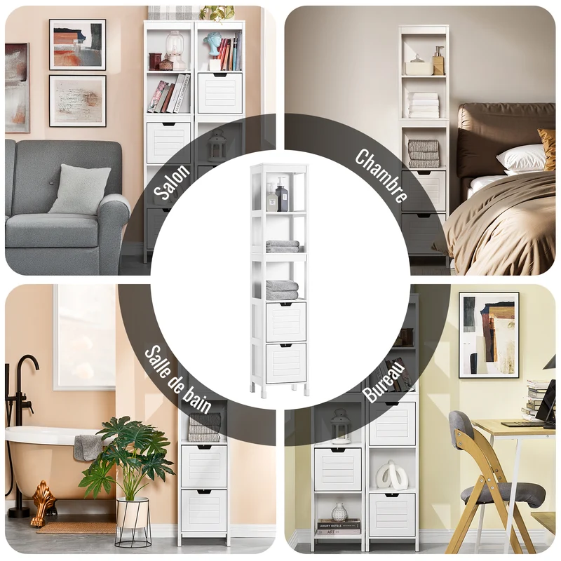 SoBuy FRG126-W Colonne de Salle de Bain – 4 Étagères, 2 Tiroirs, Anti-Basculement, 30×30×144 cm, Blanc