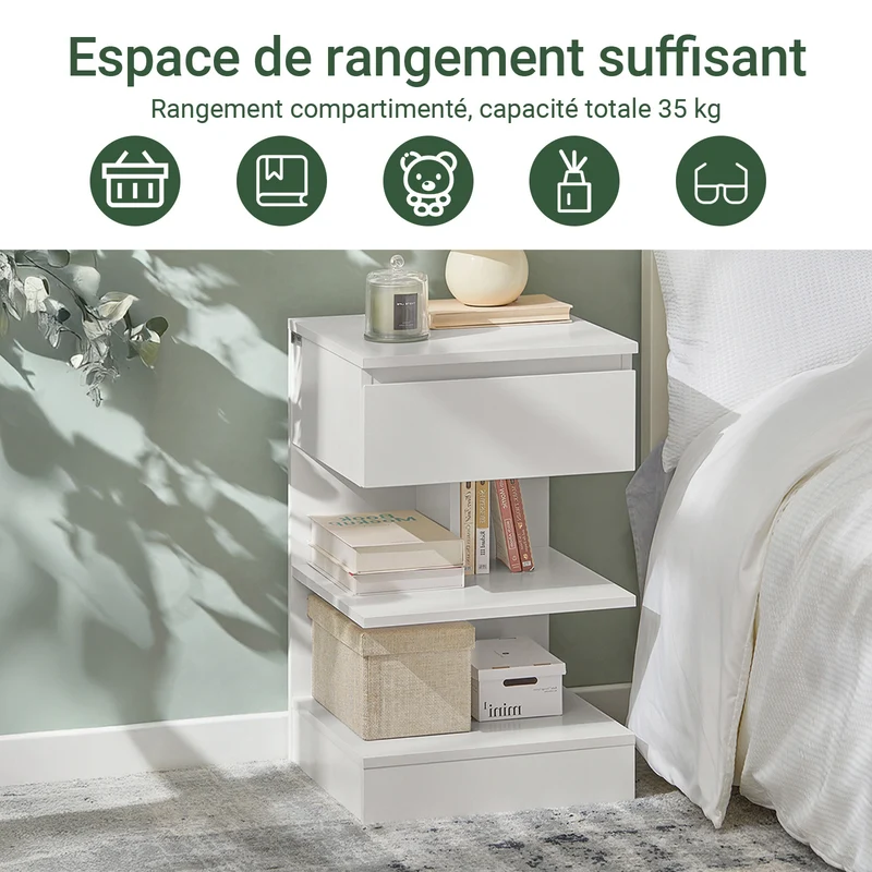 SoBuy FBT49-W Table de Chevet avec 1 Tiroir et 2 Étagères, Design Moderne, pour Salon et Chambre, Rangement Optimisé, Design Fonctionnel – L39×P39×H65 cm, Blanc