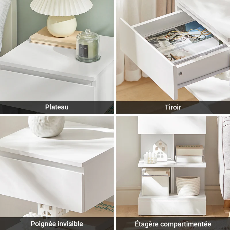 SoBuy FBT49-W Table de Chevet avec 1 Tiroir et 2 Étagères, Design Moderne, pour Salon et Chambre, Rangement Optimisé, Design Fonctionnel – L39×P39×H65 cm, Blanc