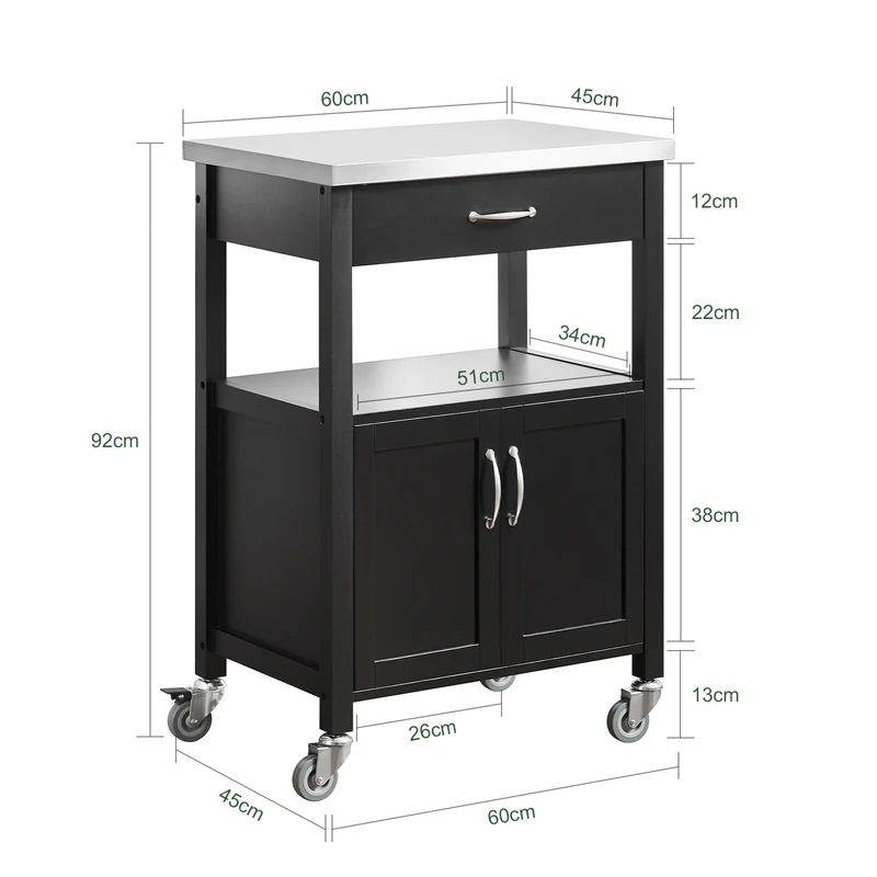 SoBuy FKW22-SCH Desserte de Cuisine à Roulettes avec Plan de Travail INOX, 1 Tiroir, 1 Étagère et 2 Portes, Chariot Multifonction – 60x45x92 cm, Noir