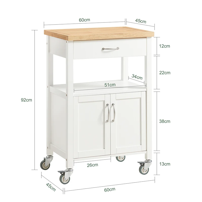 SoBuy FKW22-WN Desserte de Cuisine à Roulettes – Plan de Travail INOX, 1 Tiroir, 2 Portes, 60×45×92 cm, Blanc