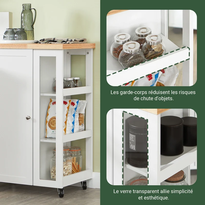 SoBuy FKW75-WN Desserte de Cuisine à Roulettes avec Placard et Étagère Latérale 3 Niveaux – Blanc/Naturel, 60 × 40 × 92 cm