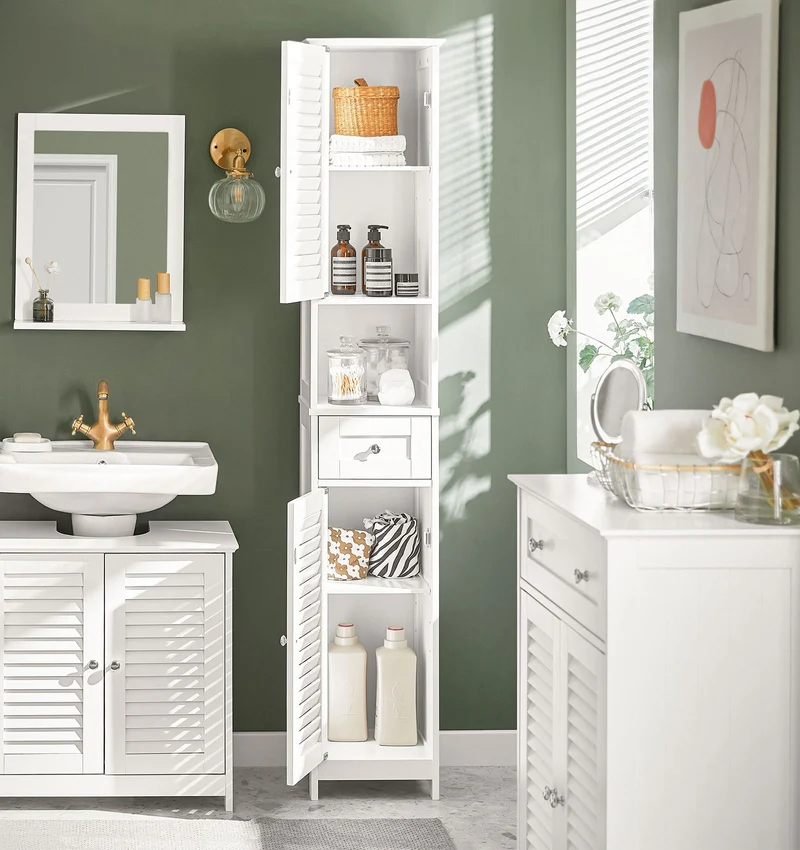 sebuyfr.comG236-W Colonne de Salle de Bain – 32 cm, 2 Portes Persiennes, Tiroir et Niche, Blanc