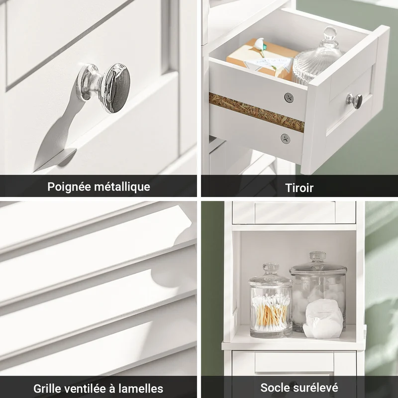 sebuyfr.comG236-W Colonne de Salle de Bain – 32 cm, 2 Portes Persiennes, Tiroir et Niche, Blanc
