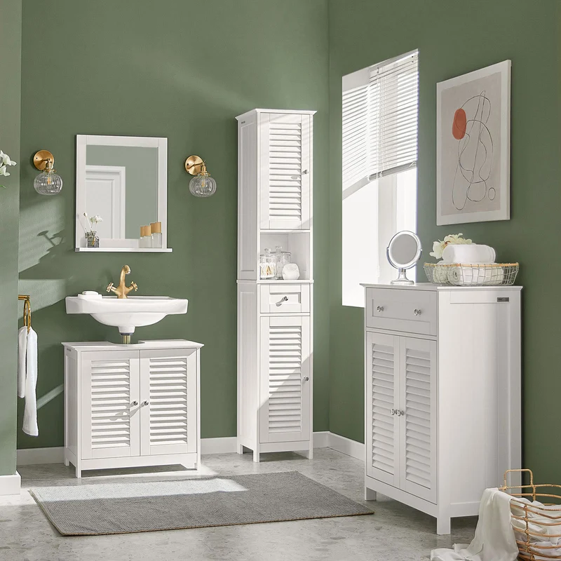 sebuyfr.comG236-W Colonne de Salle de Bain – 32 cm, 2 Portes Persiennes, Tiroir et Niche, Blanc