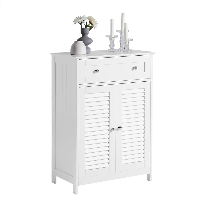 sebuyfr.comG238-W Meuble de Salle de Bain avec 2 Portes Persiennes – 1 Tiroir, Étagère Réglable, 60×35×87 cm, Blanc