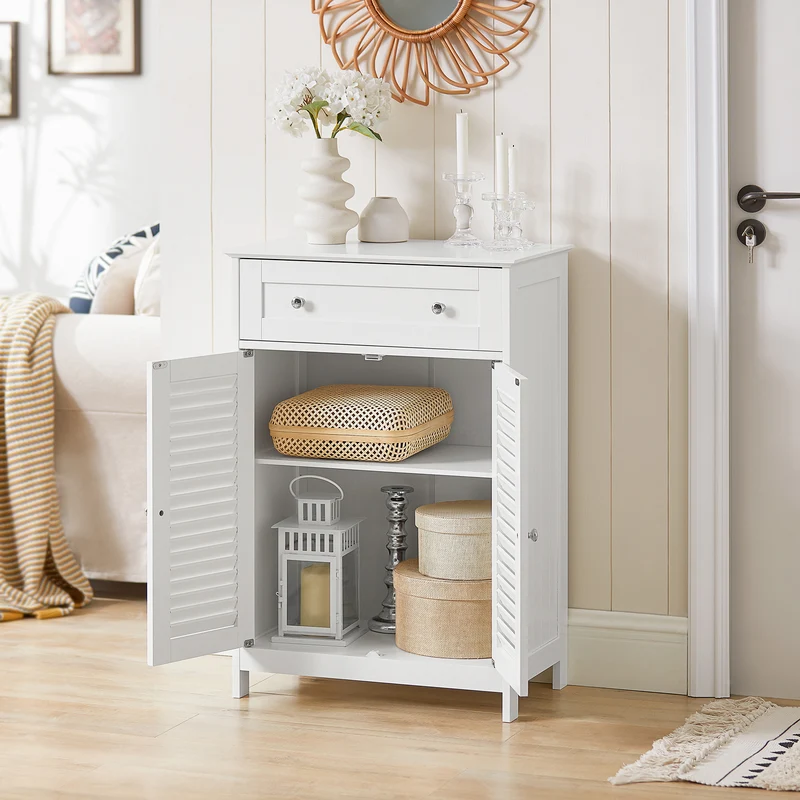 sebuyfr.comG238-W Meuble de Salle de Bain avec 2 Portes Persiennes – 1 Tiroir, Étagère Réglable, 60×35×87 cm, Blanc