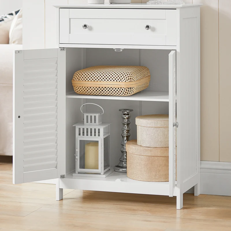 sebuyfr.comG238-W Meuble de Salle de Bain avec 2 Portes Persiennes – 1 Tiroir, Étagère Réglable, 60×35×87 cm, Blanc
