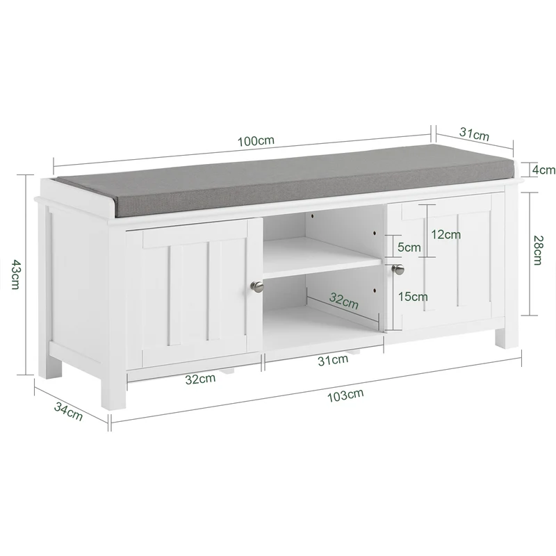 SoBuy FSR35-W Banc à Chaussures avec Coussin Rembourré et Rangement pour Bottes, Meuble d'Entrée – 105x35x43 cm, Blanc
