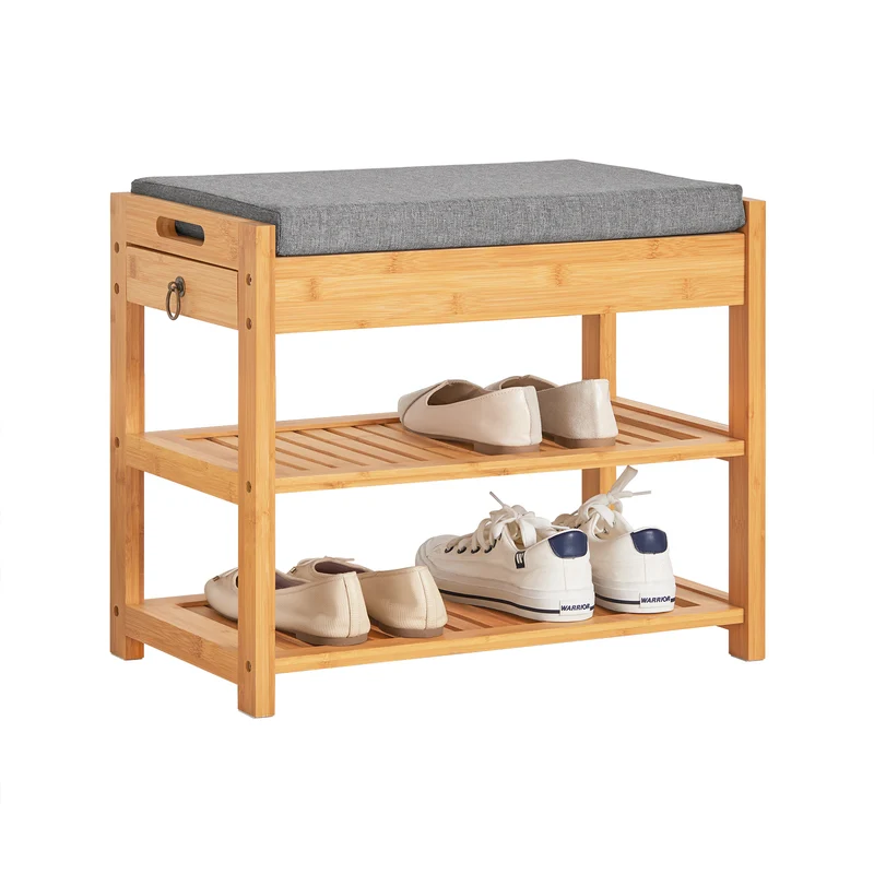 SoBuy FSR49-N Banc à Chaussures en Bambou Massif avec Coussin 8 cm, 2 Étagères et Tiroir – Charge 150 kg – Naturel