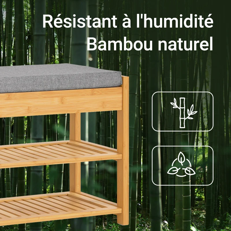 SoBuy FSR49-N Banc à Chaussures en Bambou Massif avec Coussin 8 cm, 2 Étagères et Tiroir – Charge 150 kg – Naturel