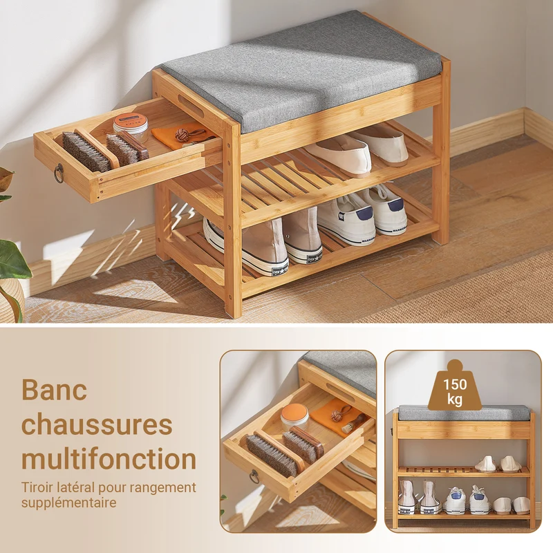 SoBuy FSR49-N Banc à Chaussures en Bambou Massif avec Coussin 8 cm, 2 Étagères et Tiroir – Charge 150 kg – Naturel