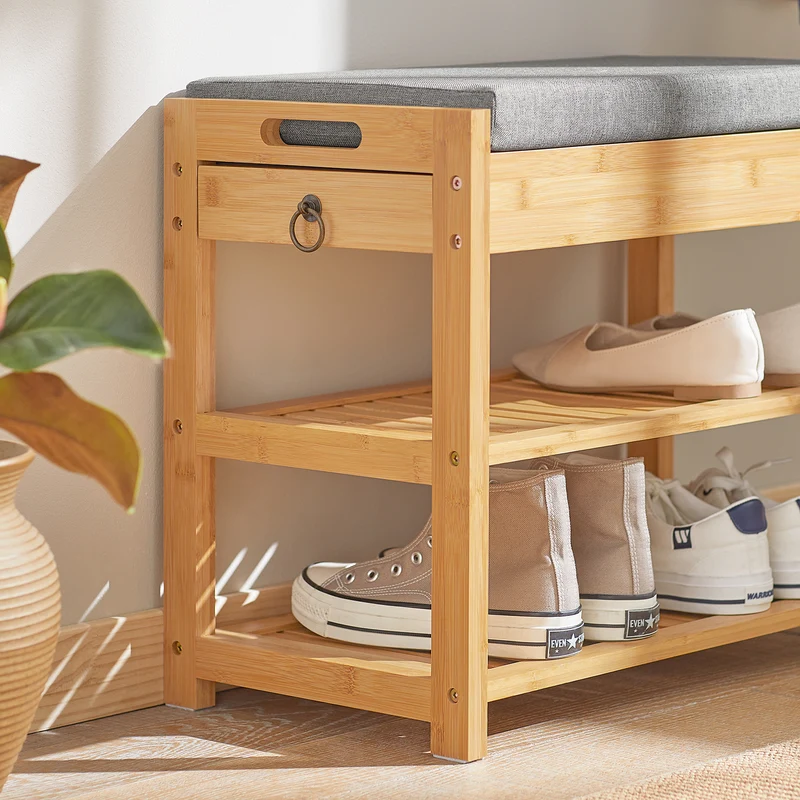 SoBuy FSR49-N Banc à Chaussures en Bambou Massif avec Coussin 8 cm, 2 Étagères et Tiroir – Charge 150 kg – Naturel