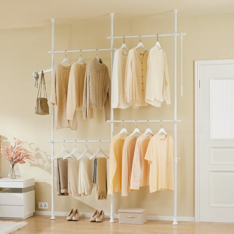 SoBuy KLS03-II-W Portant à vêtements télescopique solide - Penderie ouverte réglable avec tringles, Porte manteau pour chambre/dressing, Blanc