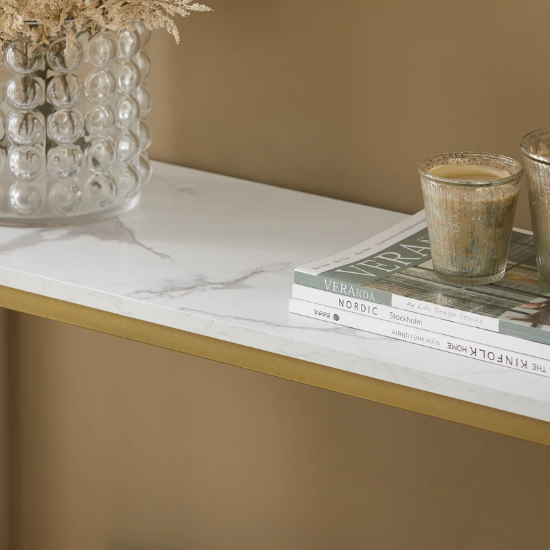 SoBuy FSB29-G Table Console Table d'Appoint Bout de Canapé Table d’Entrée Effet Marbre Cadre et 4 Pieds en Fer Haute Qualité – L80cm x P30cm x H75cm - Doré