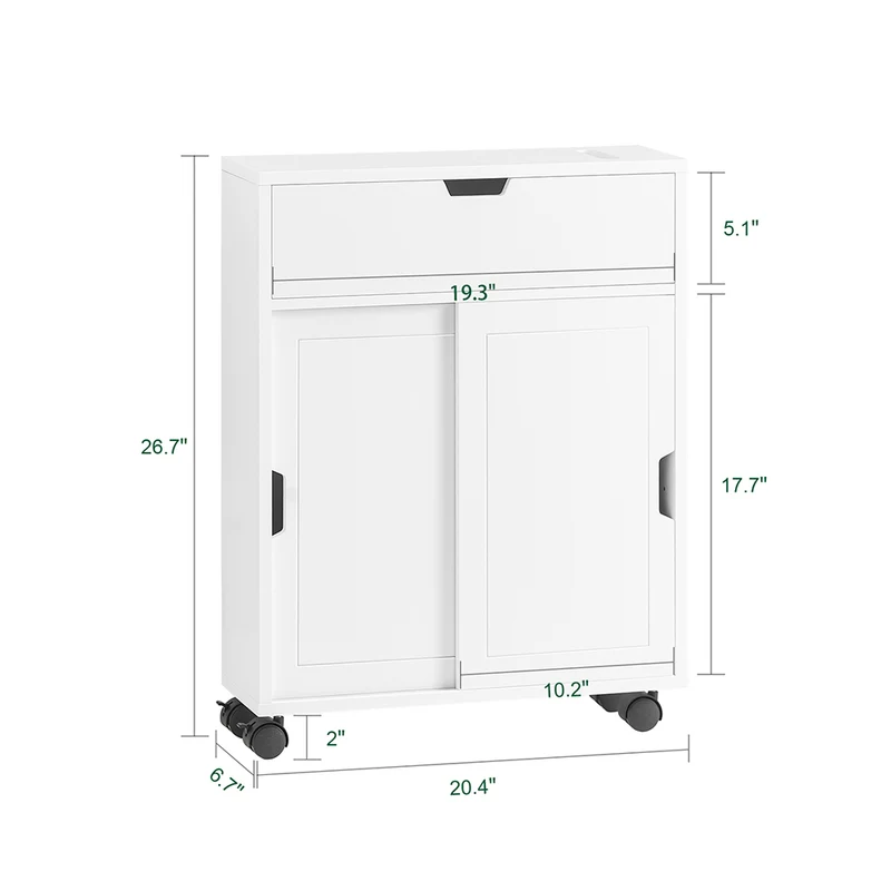 SoBuy BZR31-W Armoire Salle de Bain avec Roulettes et Portes Coulissantes, Gain de Place, Usage Polyvalent, Mobile, Rangement Optimisé – L52×P17×H68 cm, Blanc